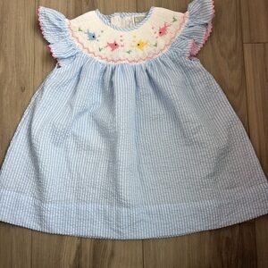 Smocked Cotton Seersucker Kids Dress in Light Blue with Multicolor Fish